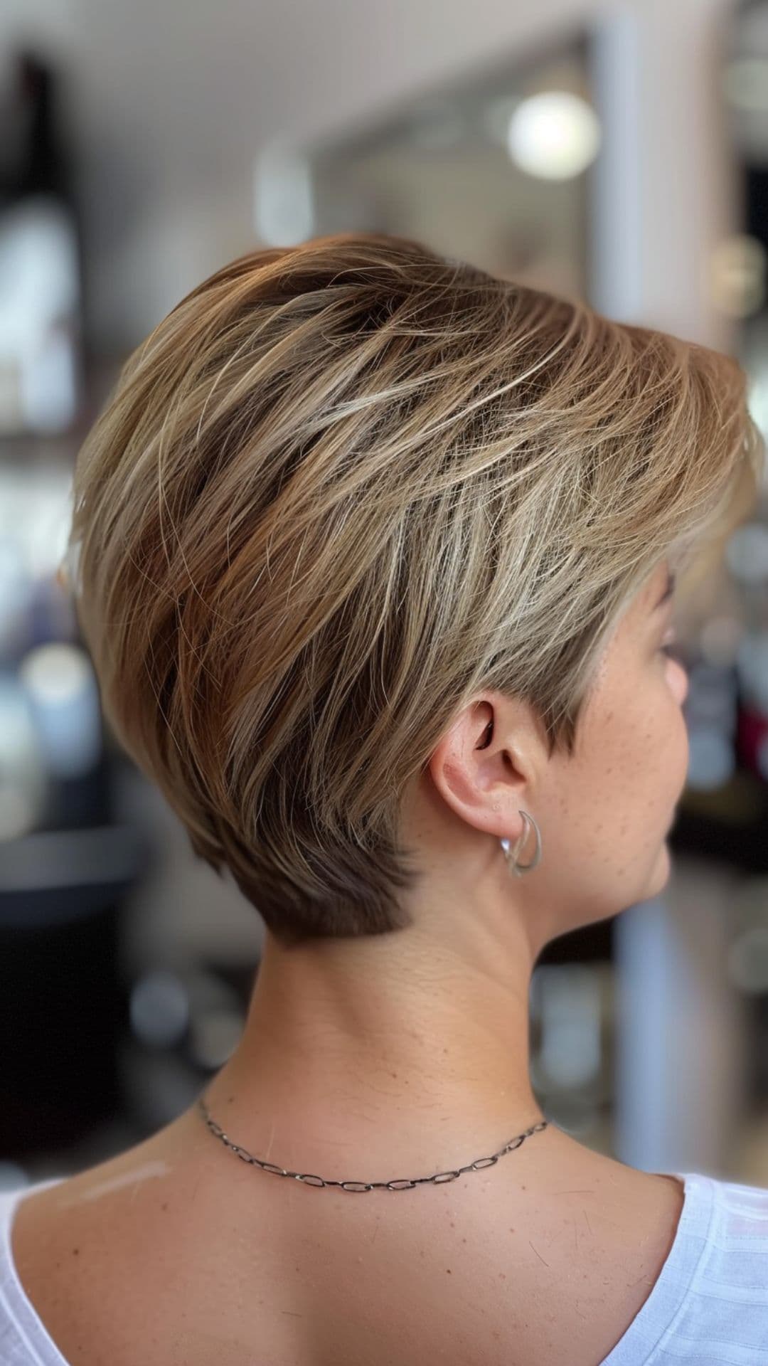 A woman modelling a bronde balayage long pixie cut.