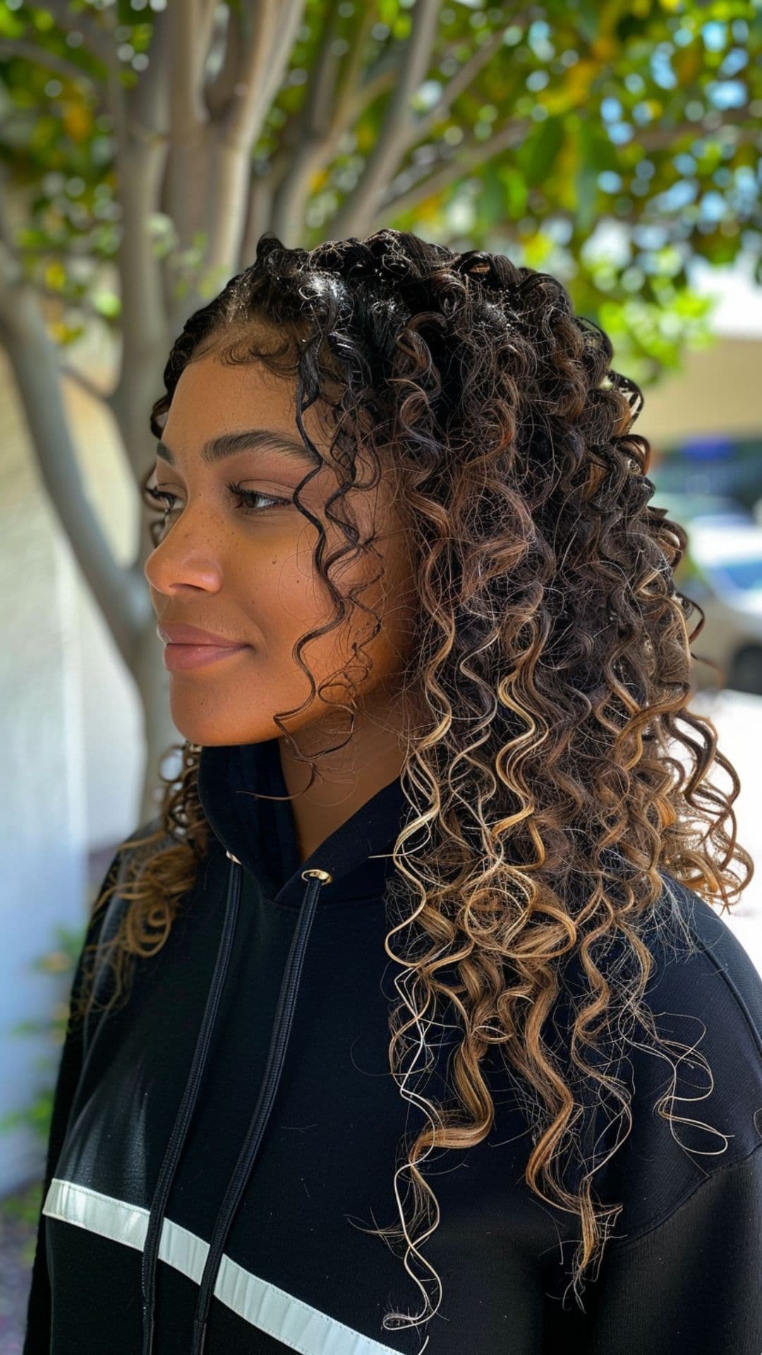 A black woman modelling a bronze hair.