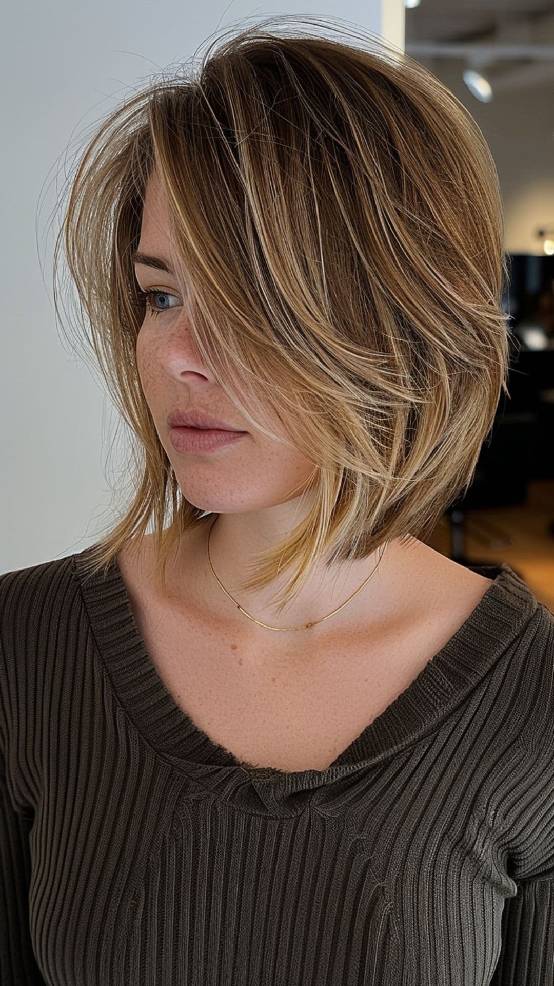 A woman modelling a brown blonde short hair.