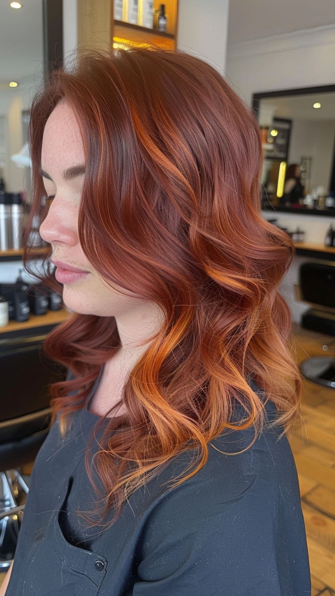 A woman modelling a burgundy hair with peach highlights.