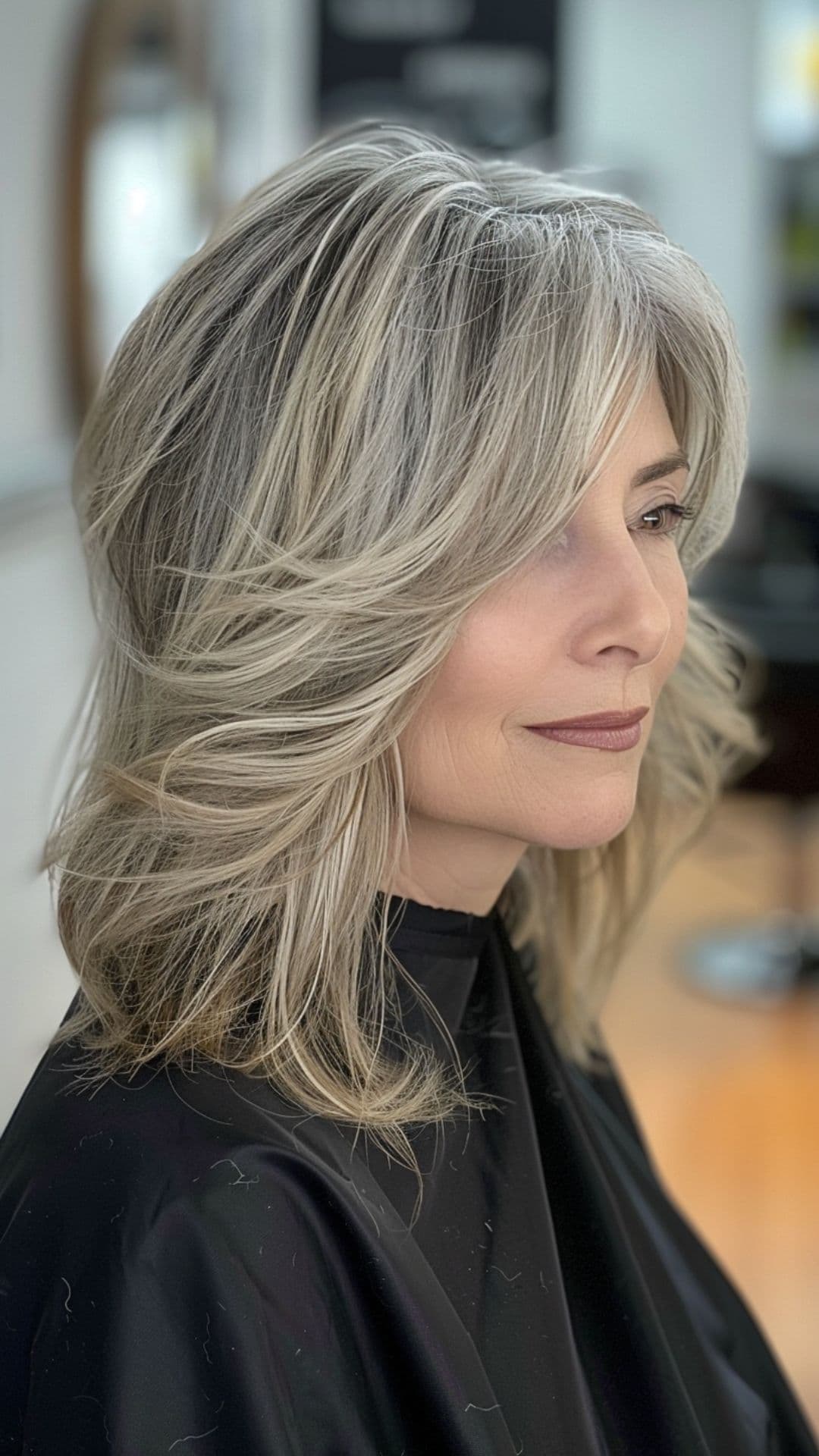 An old woman modelling a butter blonde hair highlights.