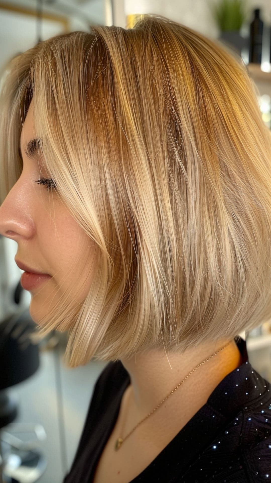 A round-faced woman modelling a butterscotch blonde bob hair.