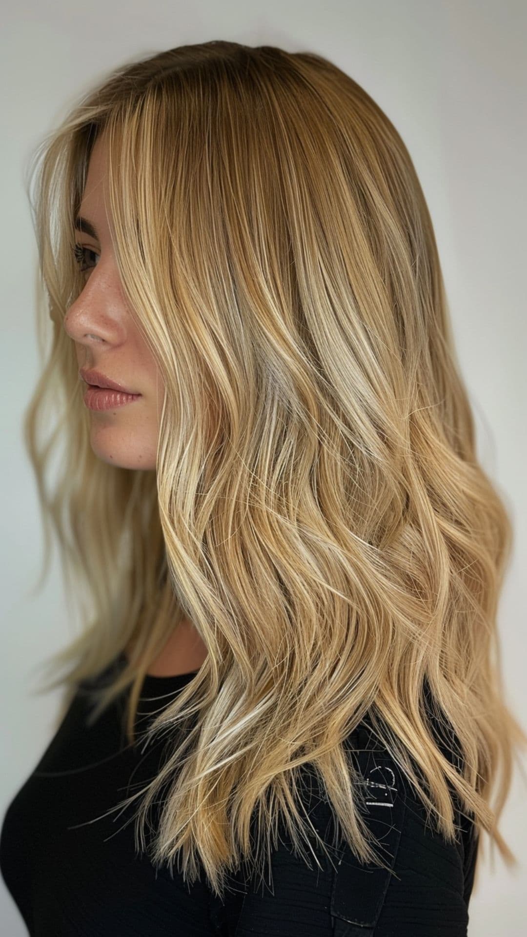 A woman modelling a butterscotch blonde hair.