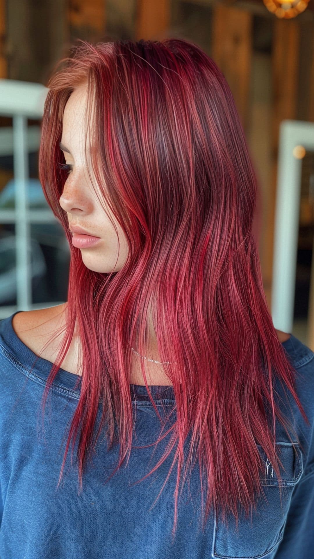 A woman modelling candy apple red hair.