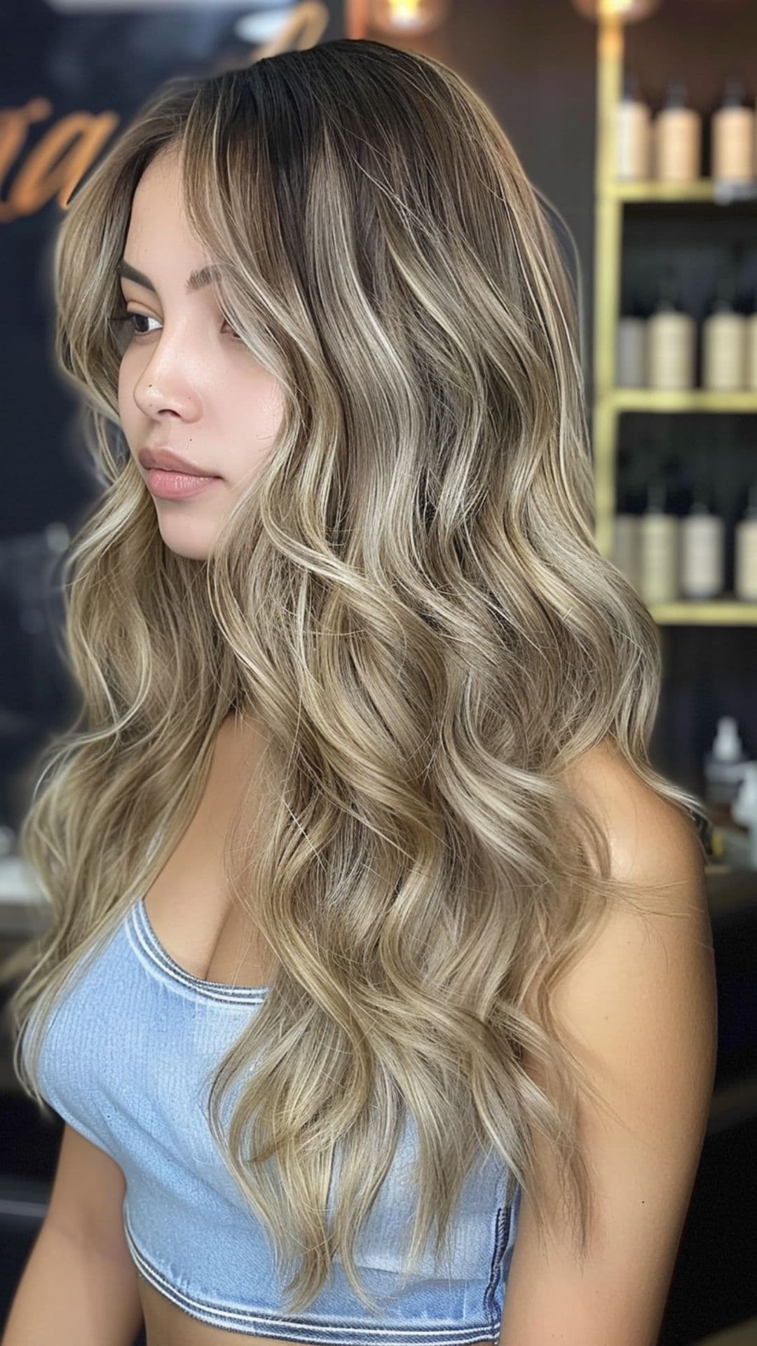 A woman modelling a caramel ash blonde balayage highlights hairstyle.