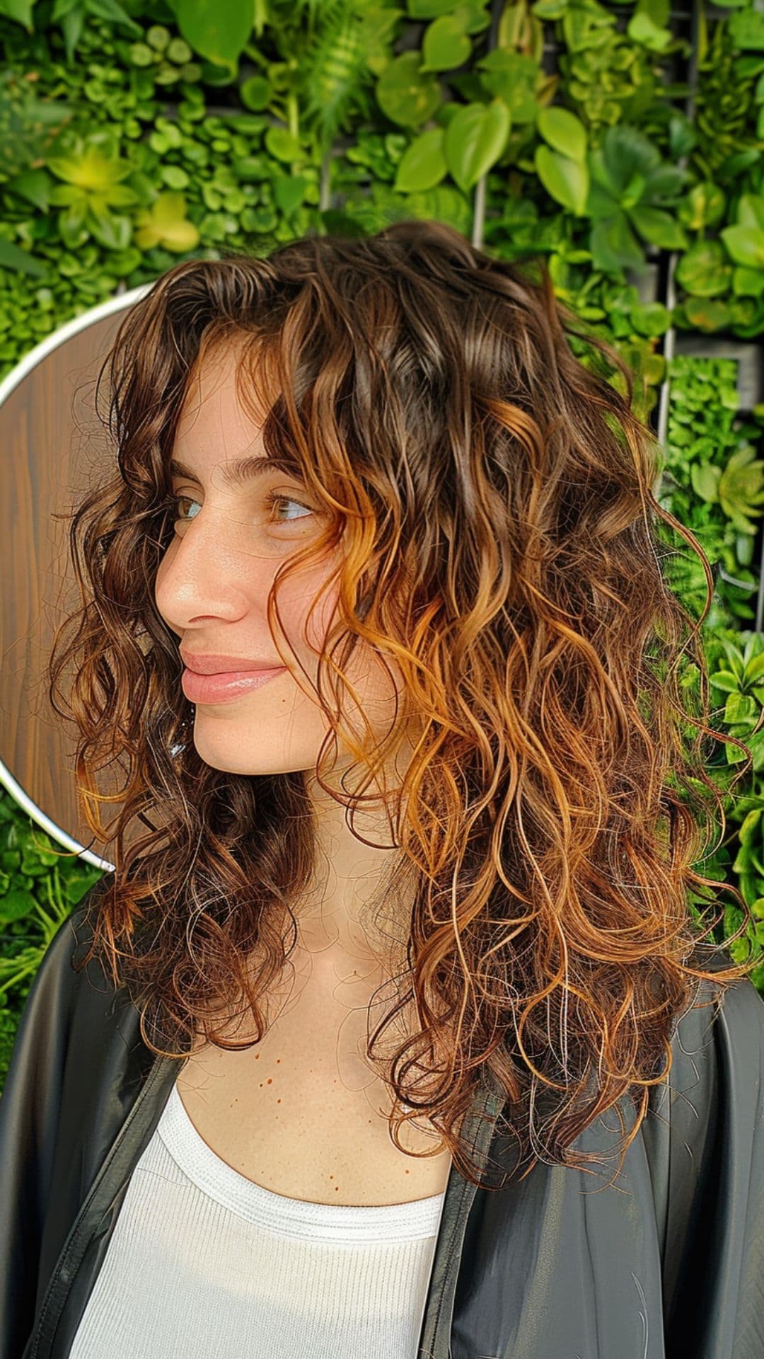 A woman modelling a caramel balayage curly hair.