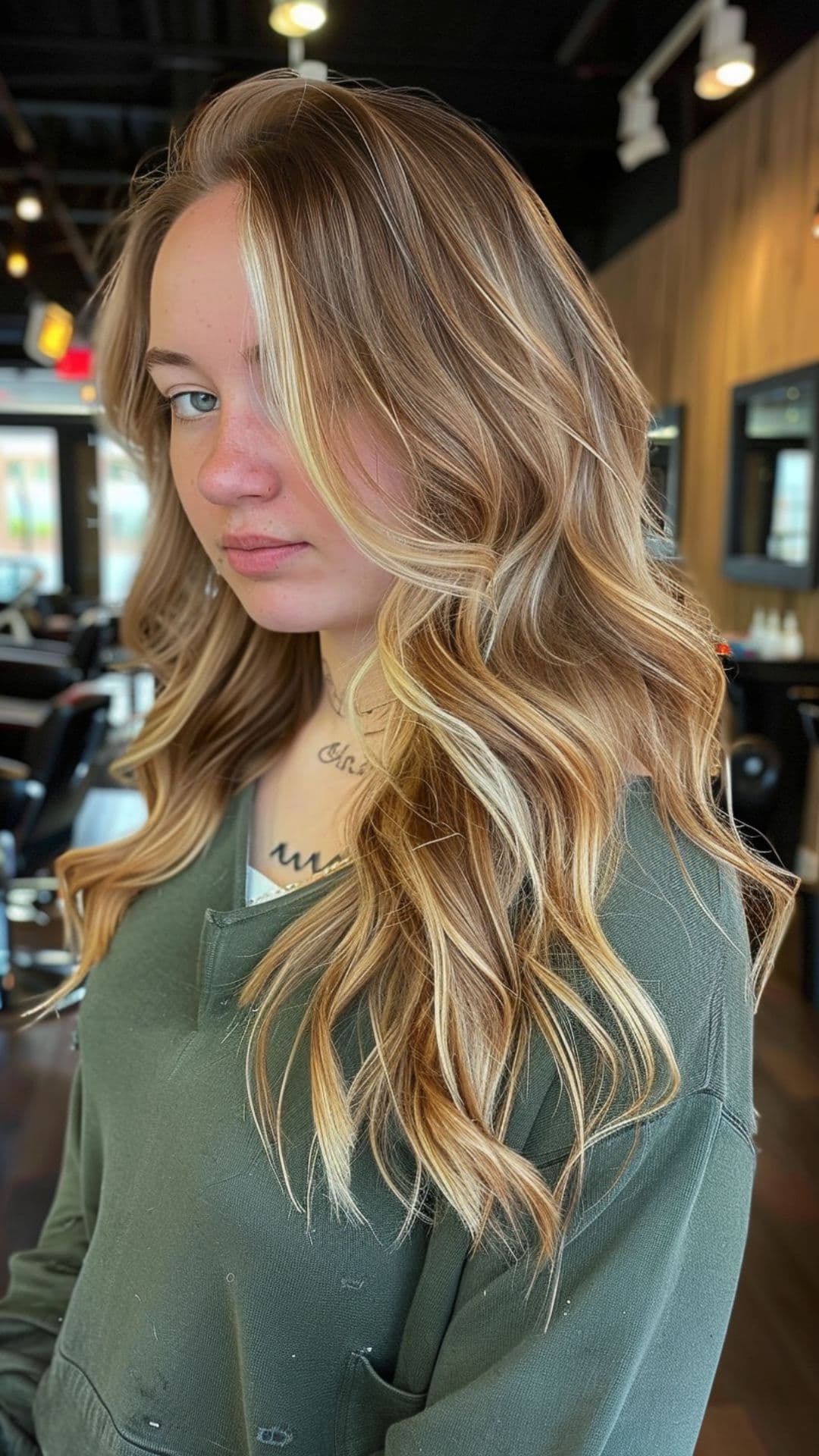 A round-faced woman modelling a caramel balayage with a blonde moneypiece hair.