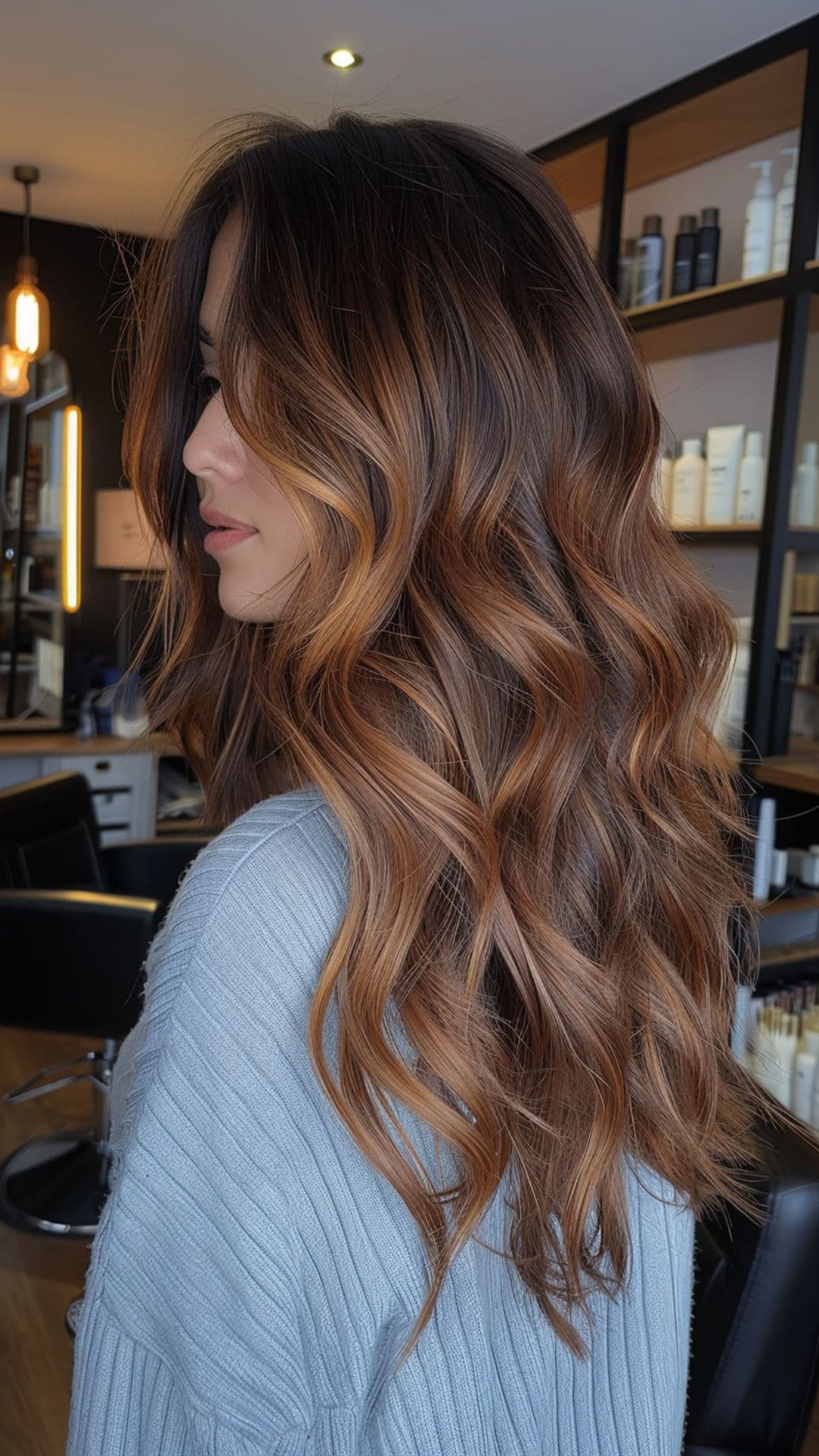 A woman modelling a caramel balayage hair.