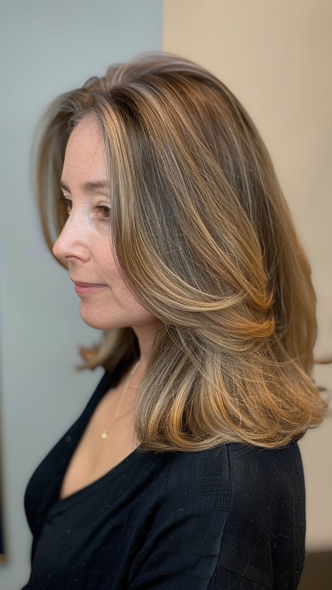 An old woman modelling a caramel blonde hair highlights.