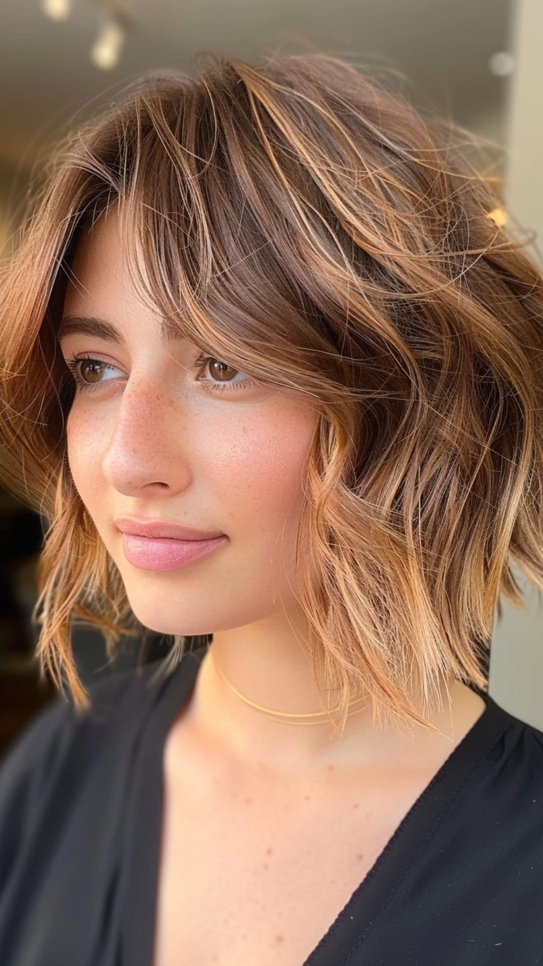 A woman modelling a caramel brown short hair.