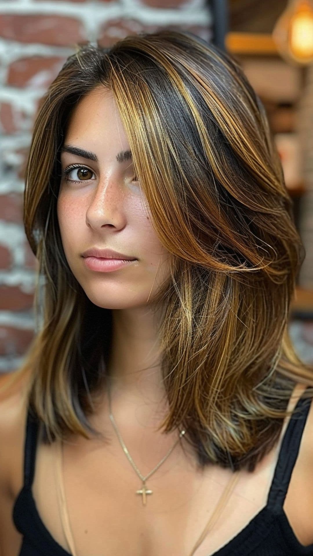 A woman modelling a caramel chunky highlights hair.