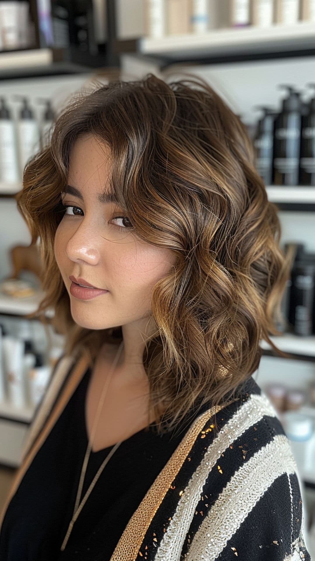 A woman modelling a caramel highlights on short hair.