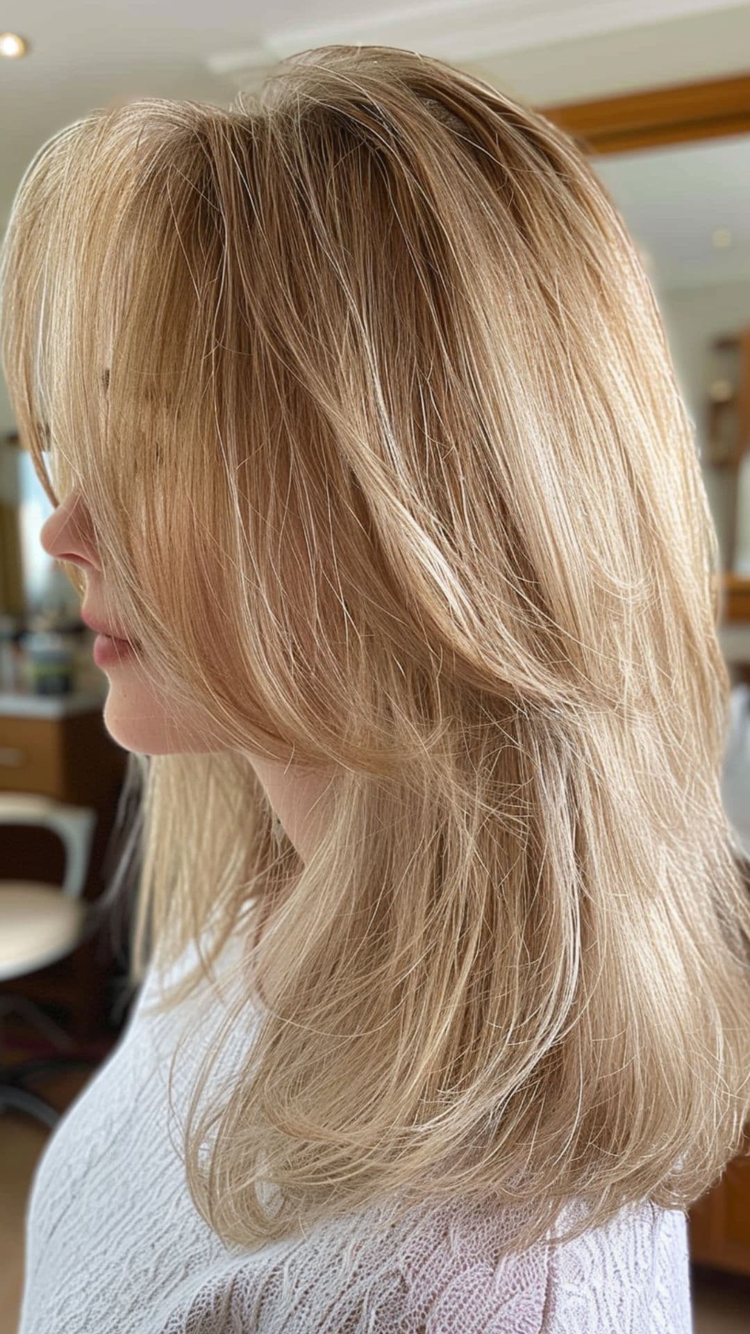 A woman modelling a champagne blonde hair.