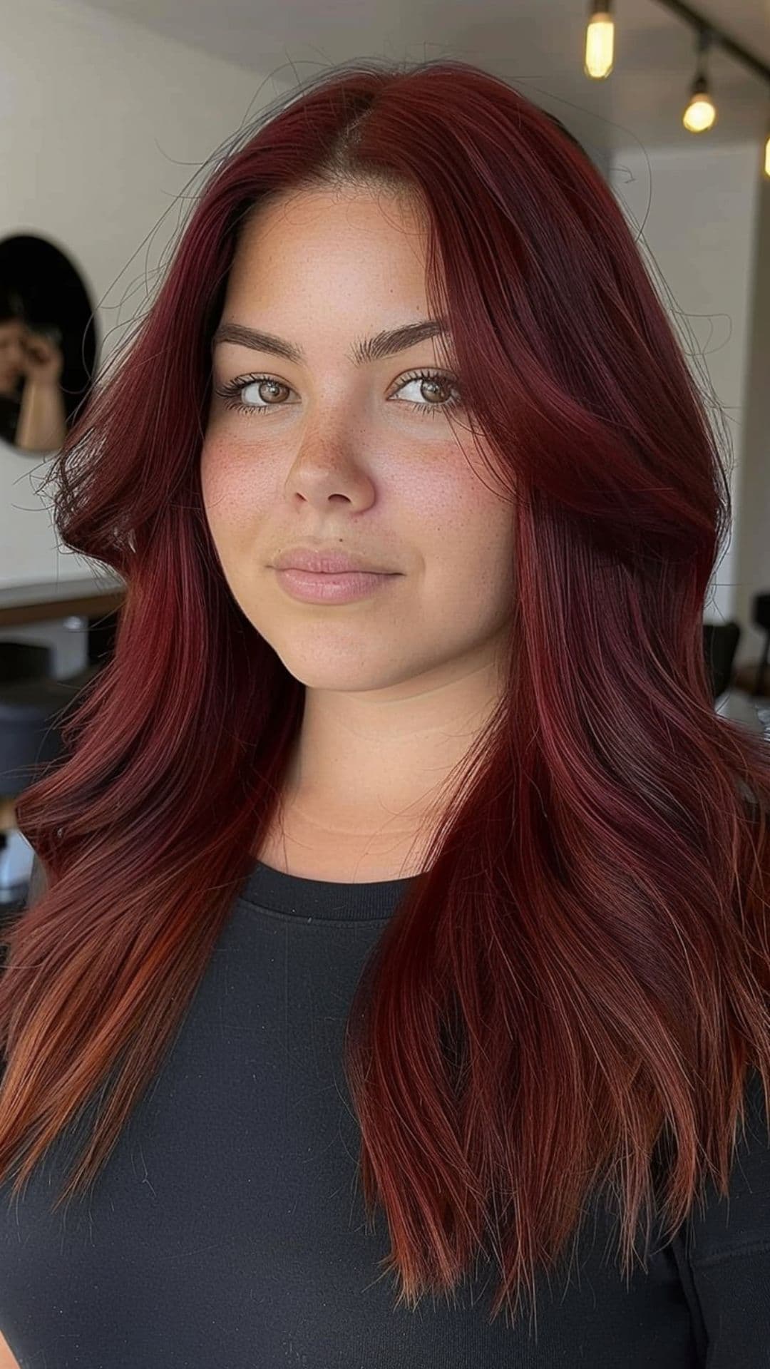 A round-faced woman modelling a cherry red middle part hair.