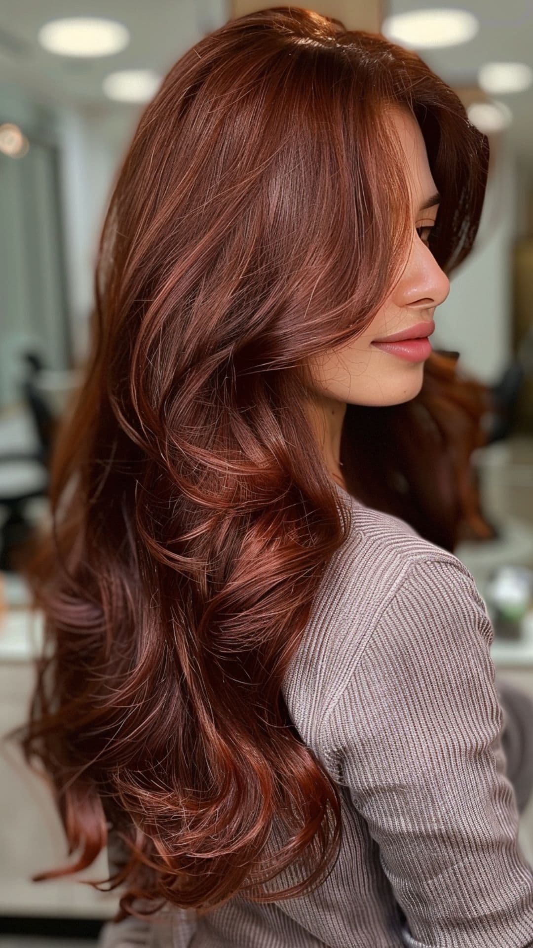 A woman modelling a chestnut auburn hair.