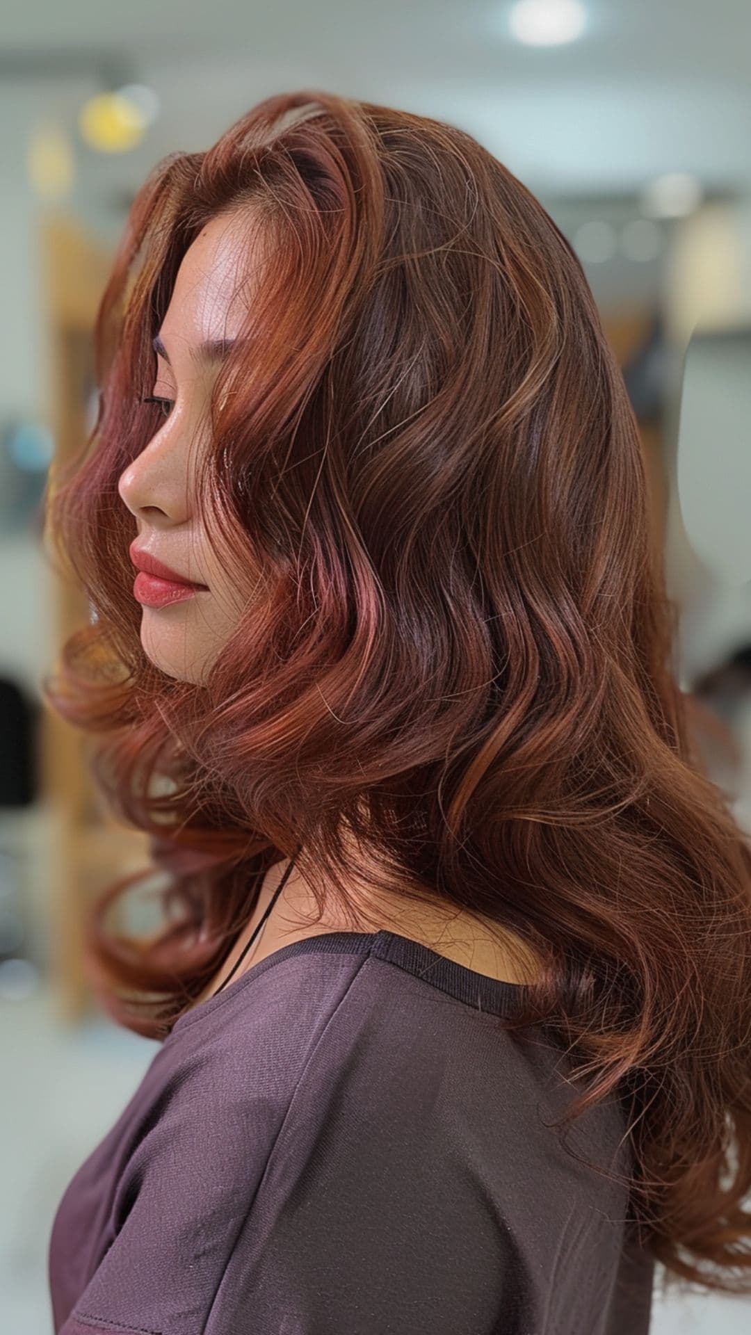 A woman modelling a chestnut auburn hair.