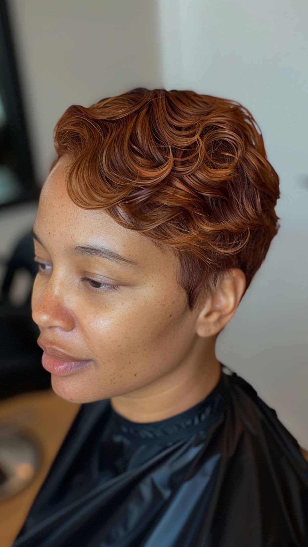 A woman modelling a chestnut brown short hair.