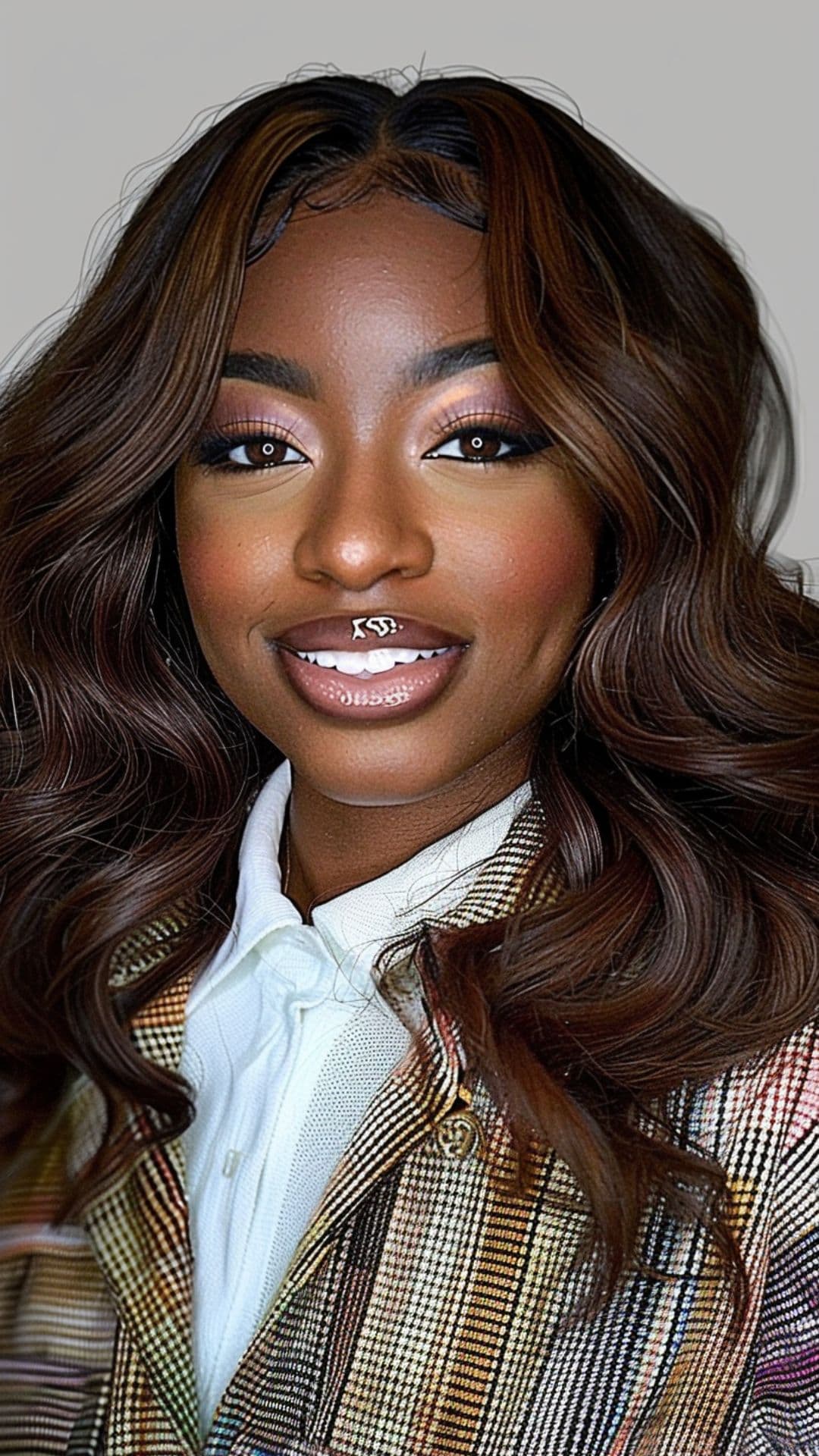 A black woman modelling a chestnut brown hair.