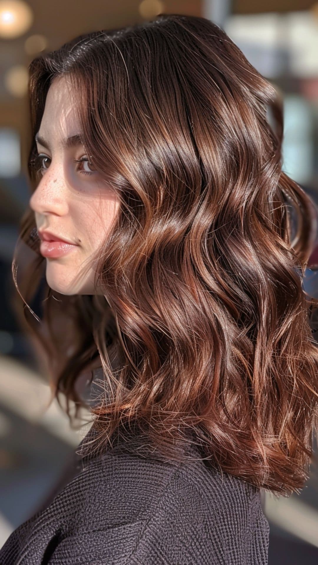 A woman modelling a chocolate auburn hair.