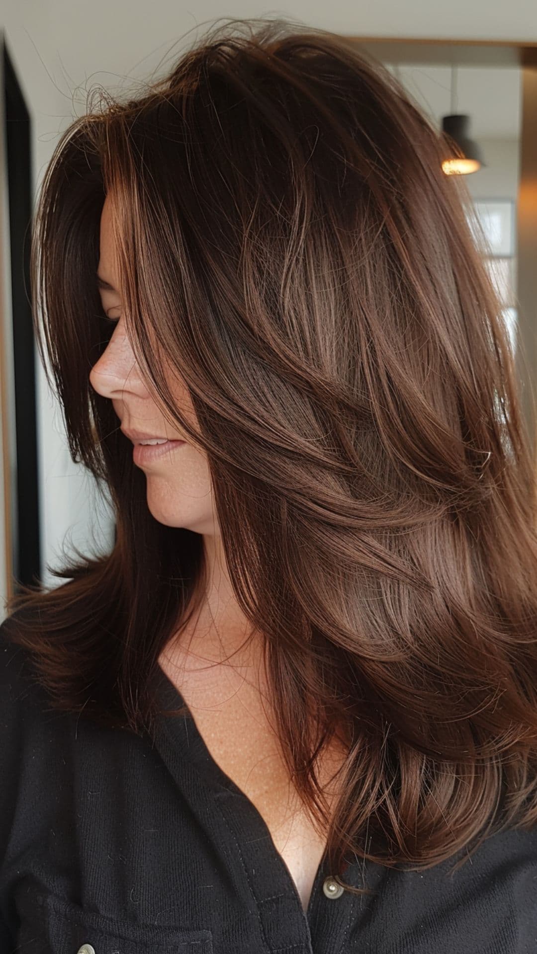 A round-faced woman modelling a chocolate brown on a long layered hair.