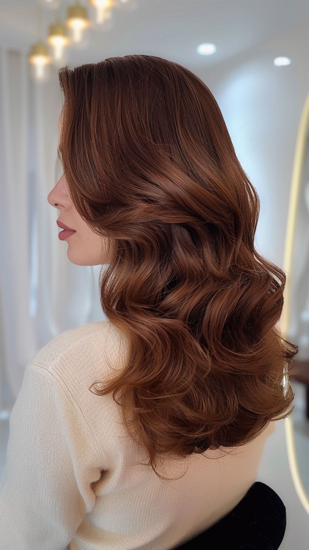 A woman modelling a chocolate brown hair with red undertones.