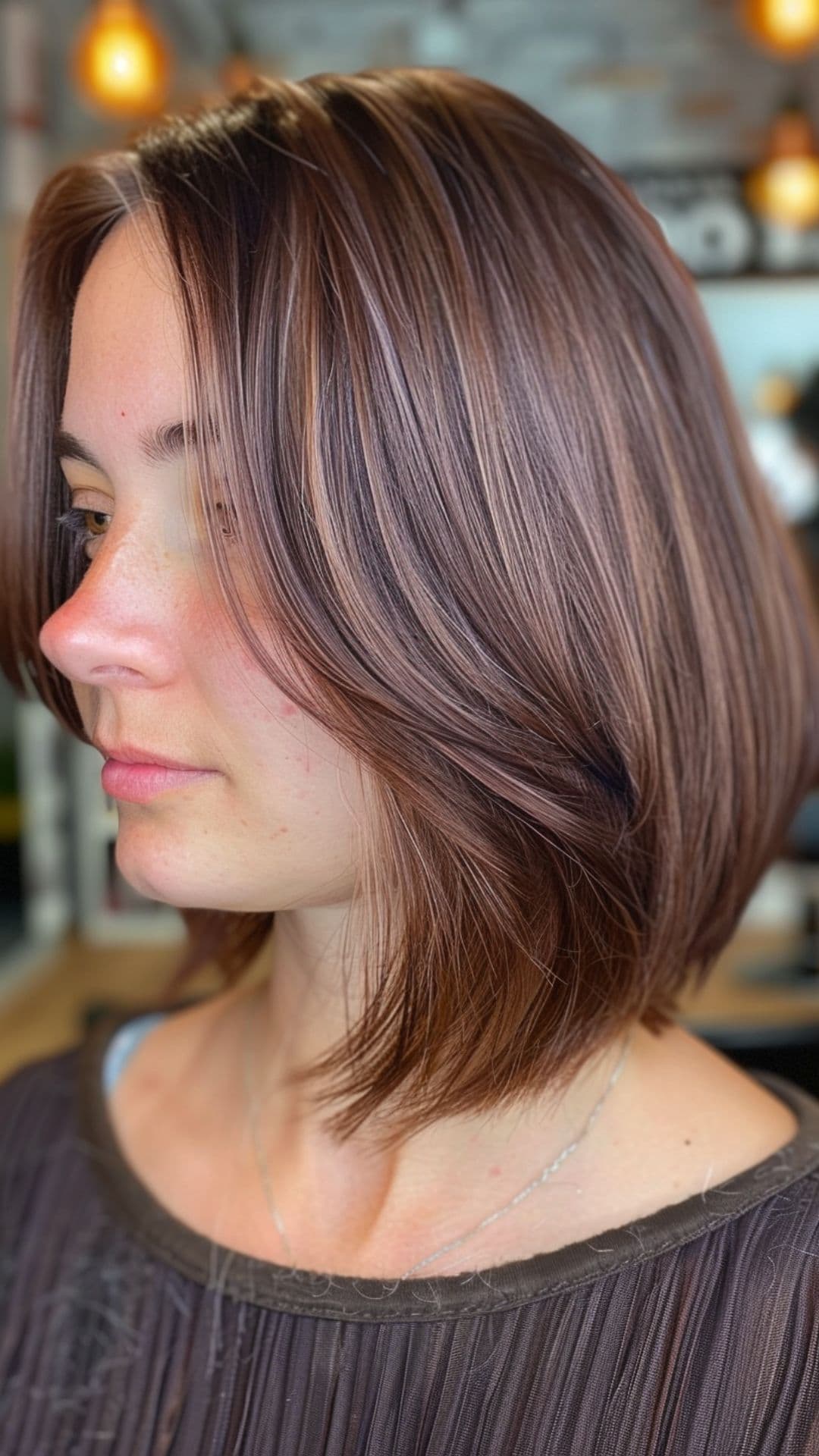 A woman modelling a chocolate brown short hair with soft caramel highlights.