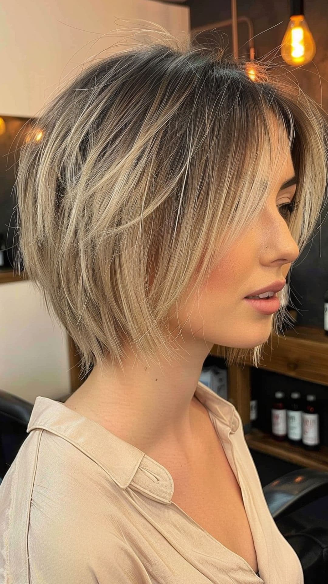 A woman modelling a choppy layered bob cut.