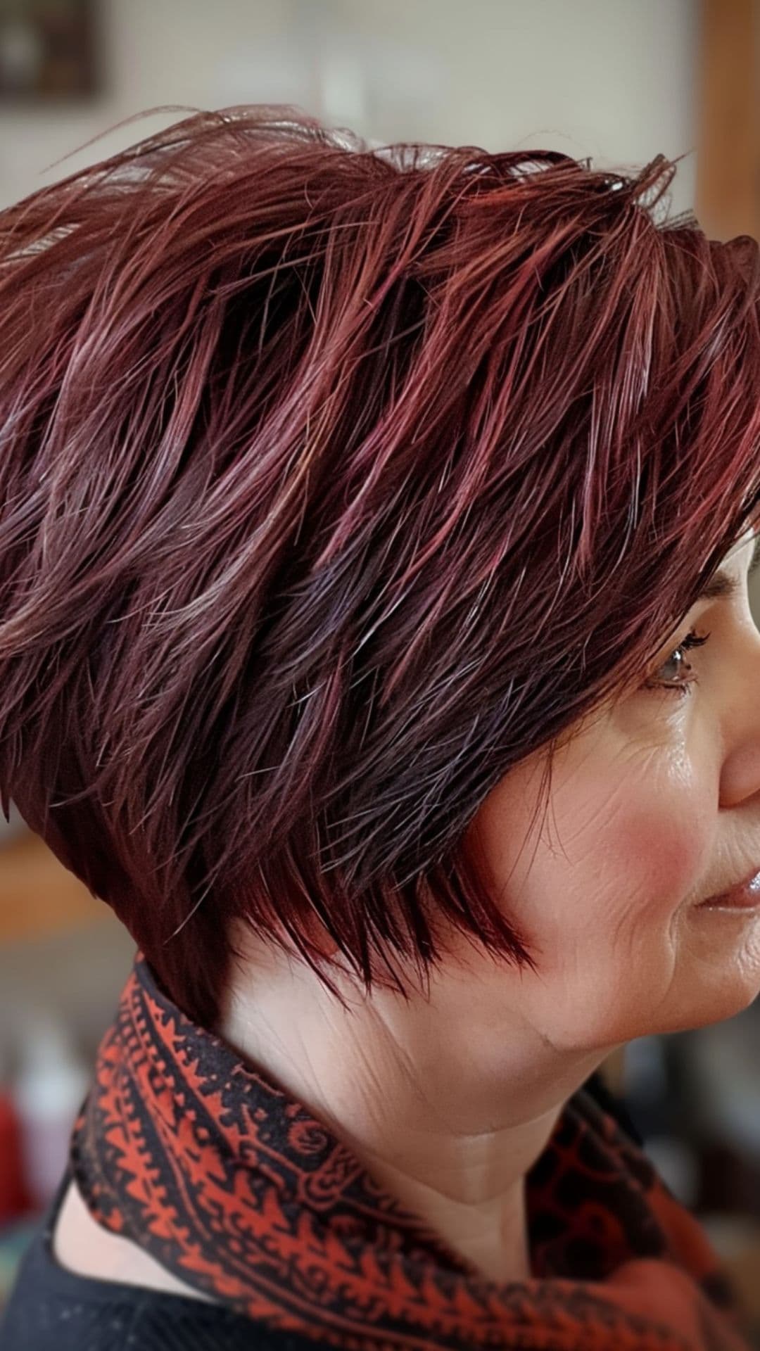 An old woman modelling a choppy pixie bob cut.