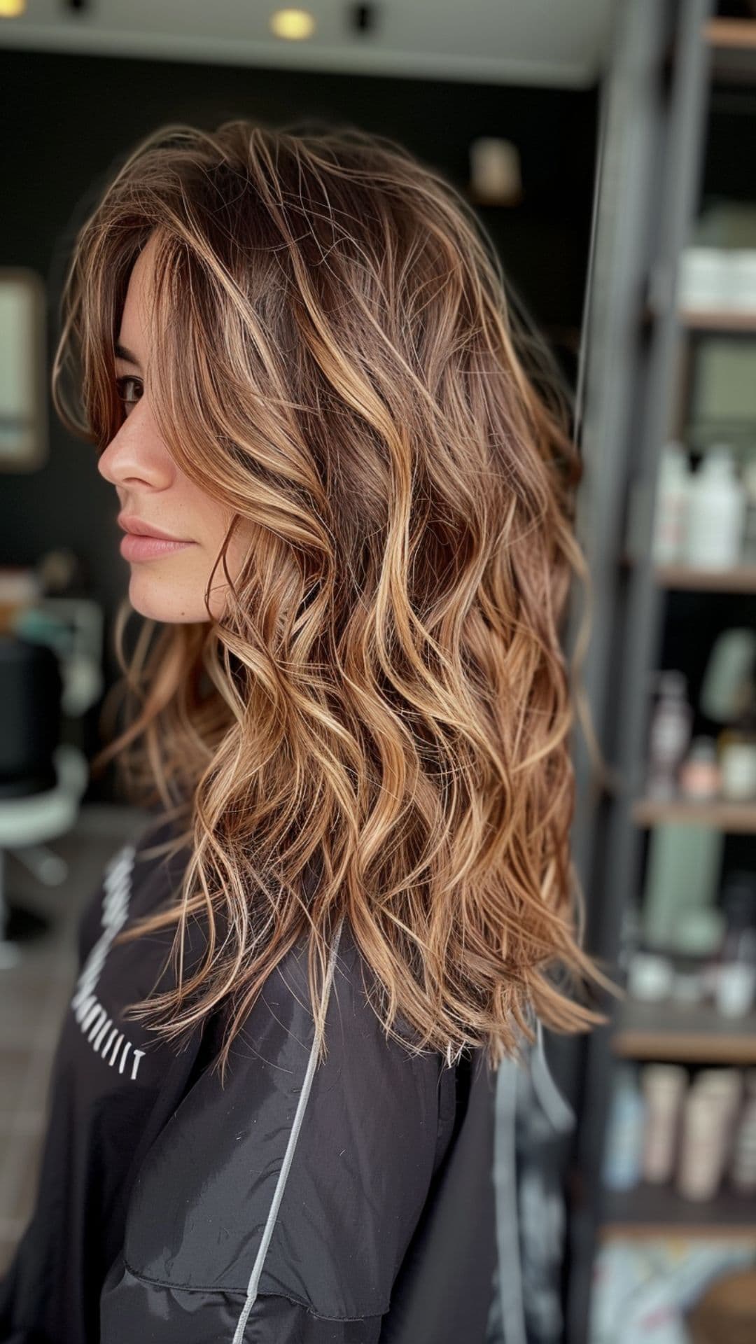 A woman modelling a cinnamon brown balayage hair.