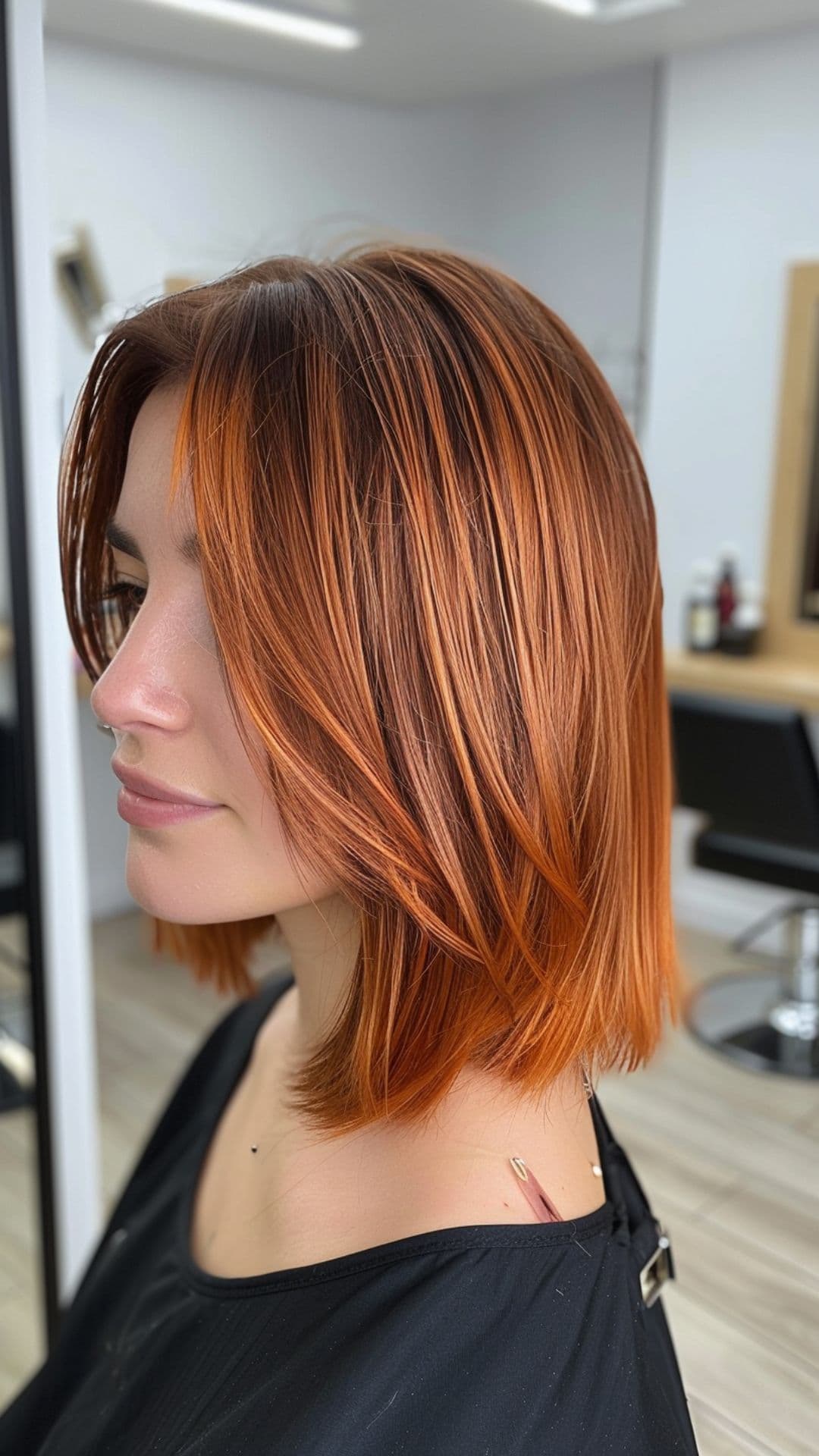 A woman modelling a copper balayage layered bob.