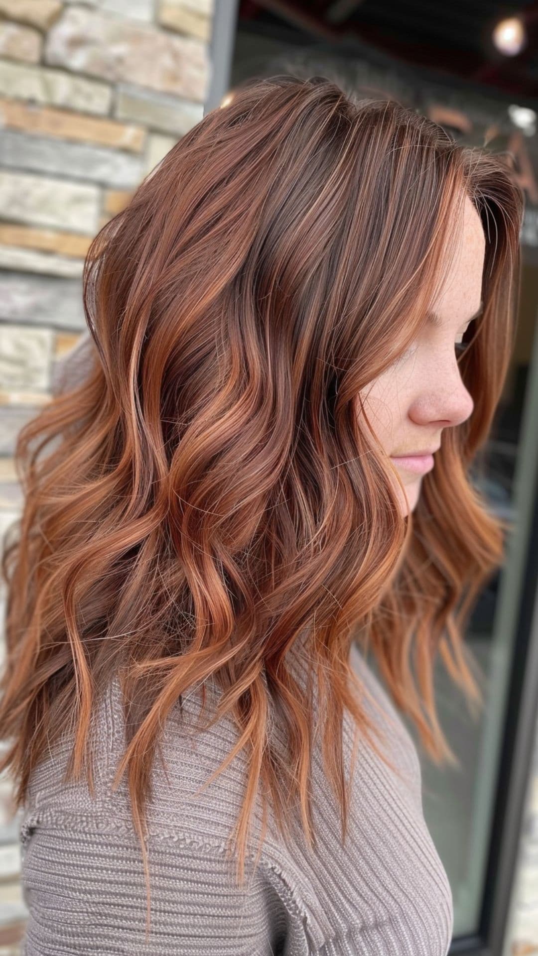 A woman modelling a copper balayage hair.