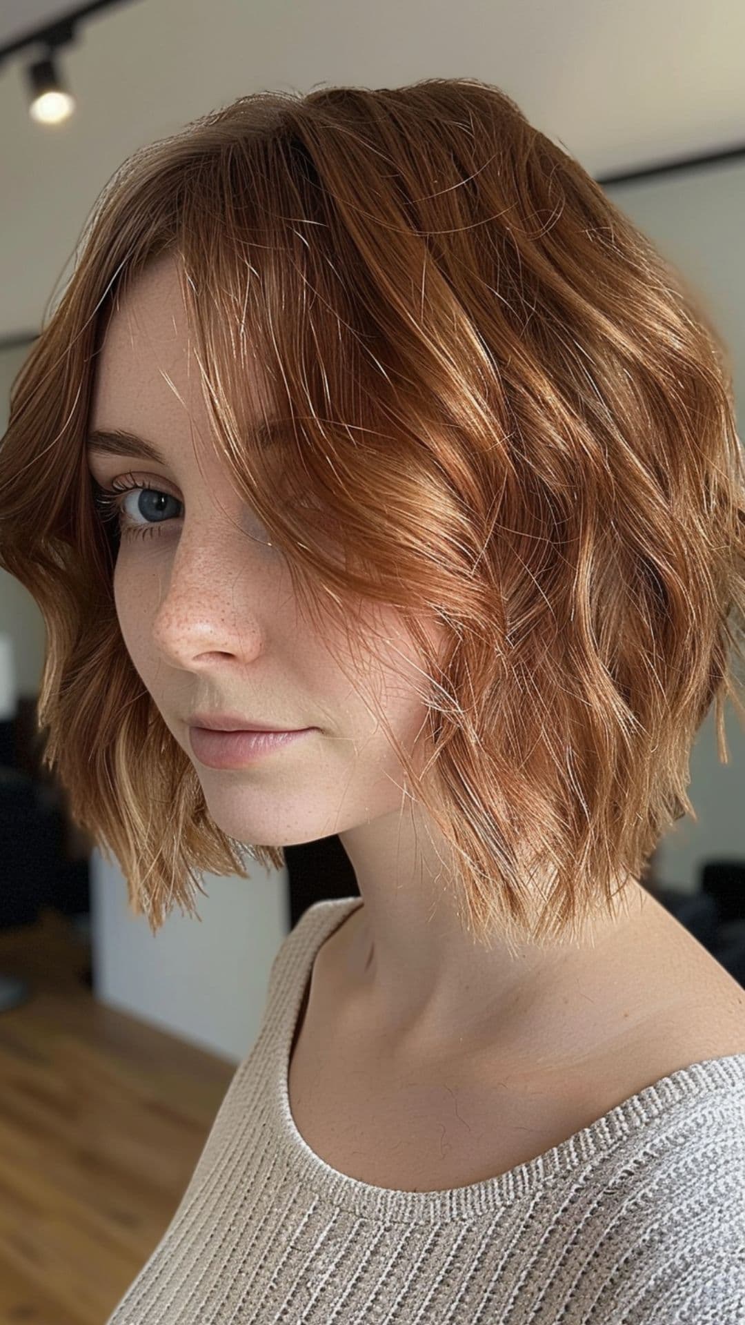 A woman modelling a copper brown short hair.