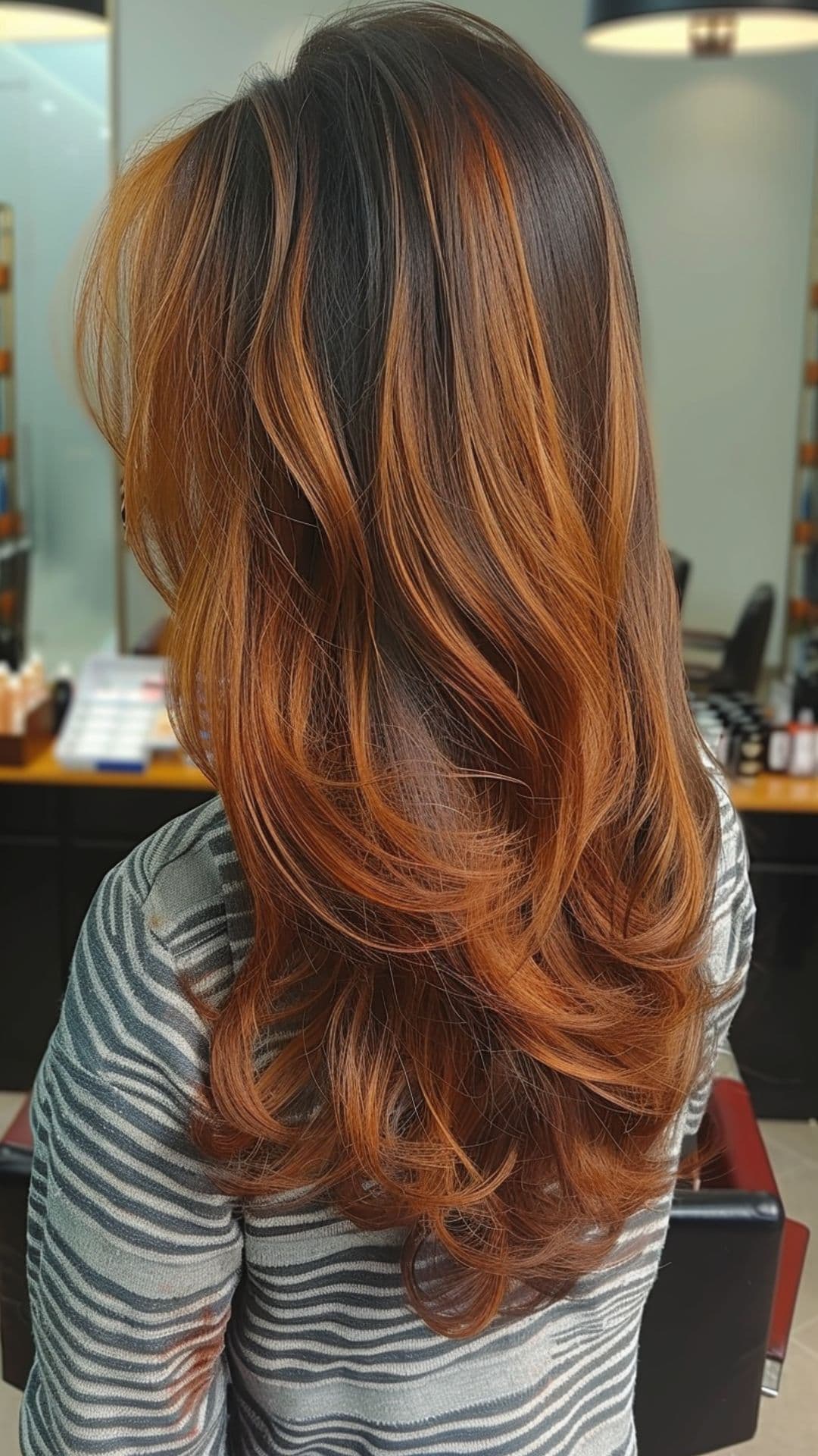 A woman modelling a copper highlights hair.