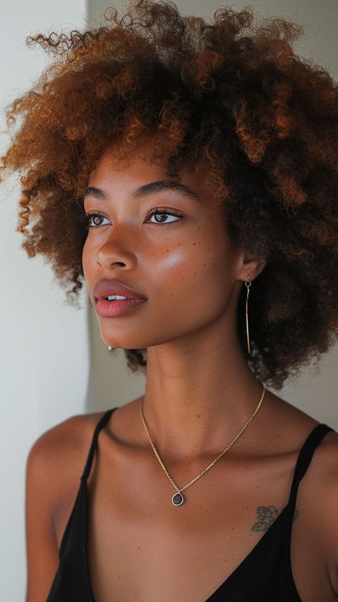 A black woman modelling a copper highlights on afro hair.