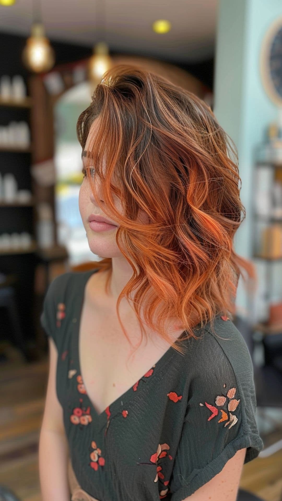 A woman modelling a copper ombre hair,