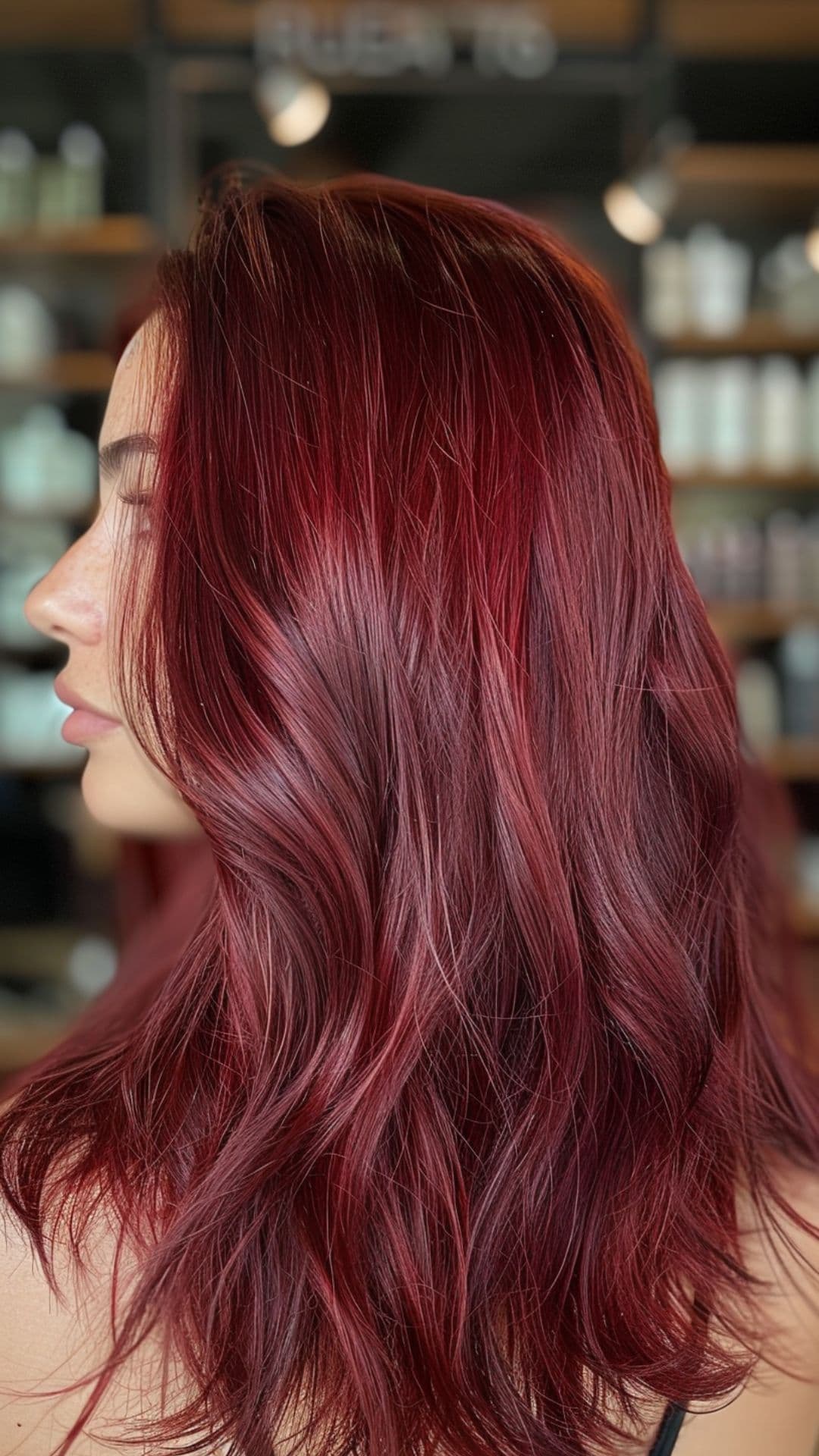 A woman modelling a cranberry red hair.