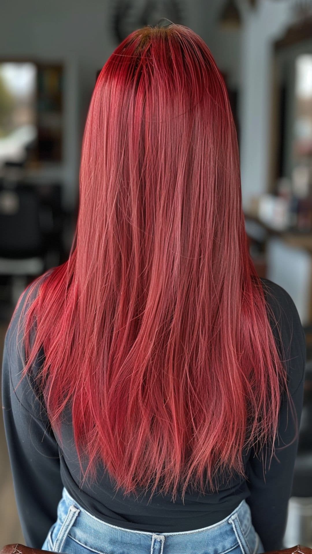 A young woman modelling a crimson red hair.