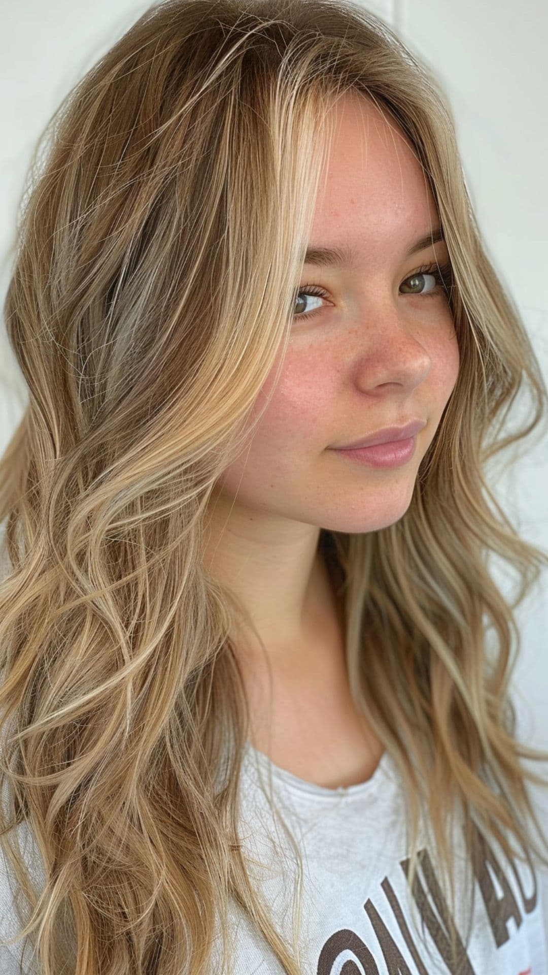 A woman modelling a dark ash blonde hair with face-framing highlights.