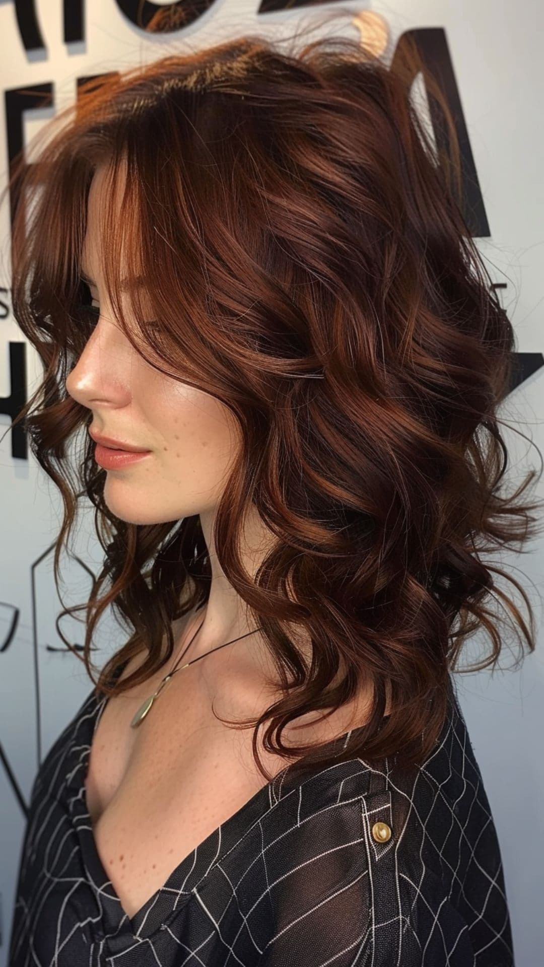 A woman modelling a dark auburn hair.