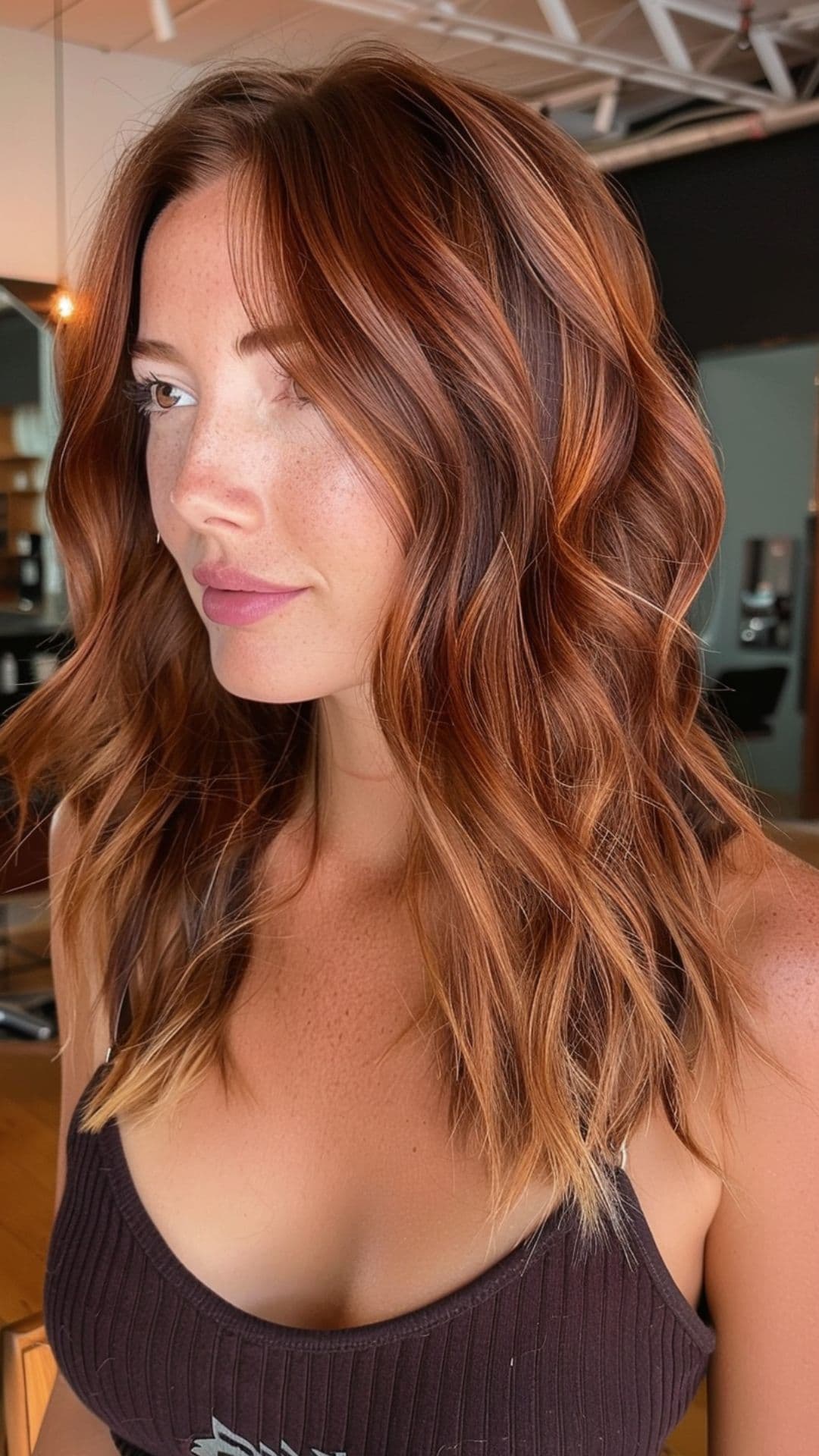 A woman modelling a dark auburn balayage.