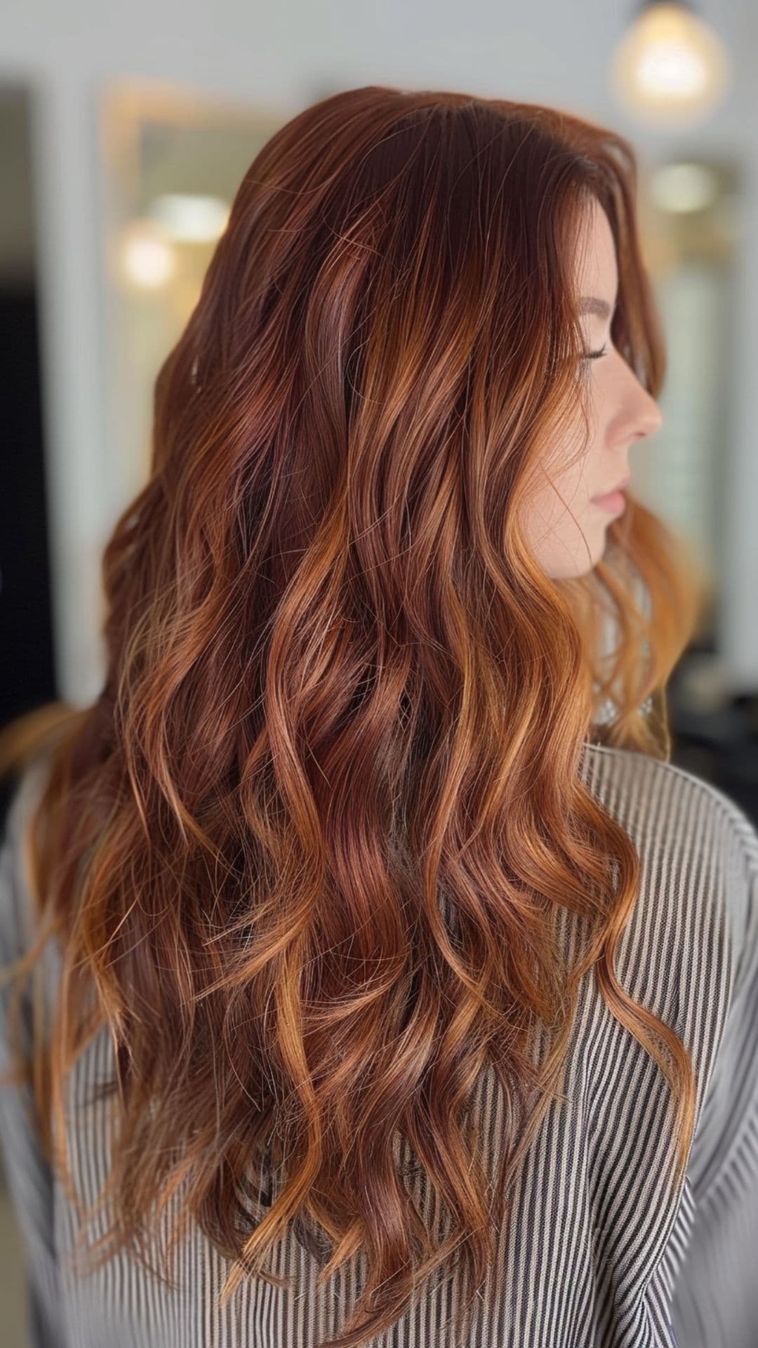 A woman modelling a dark auburn copper hair.