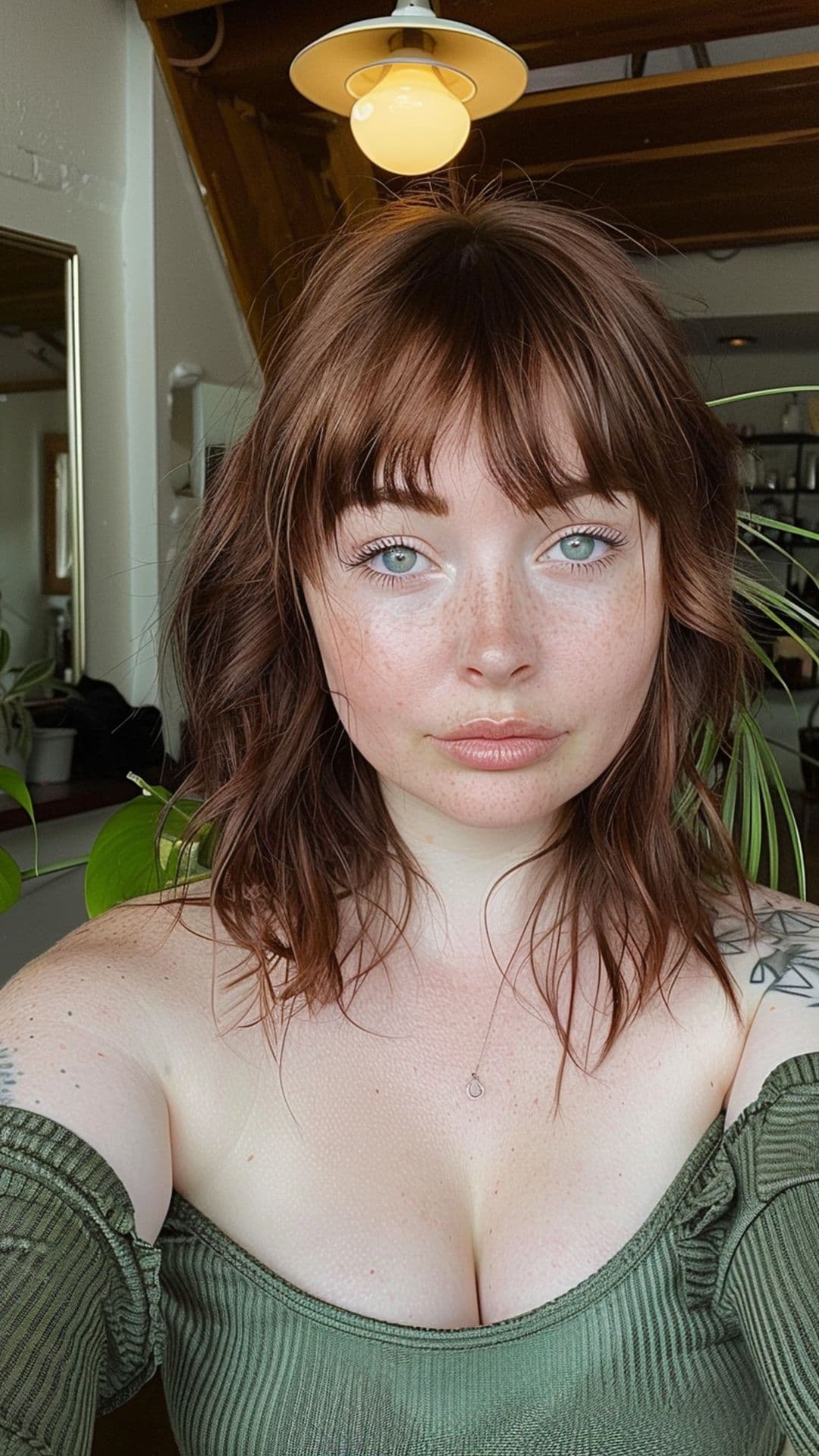 A round-faced woman modelling a dark auburn hair with wispy bangs.