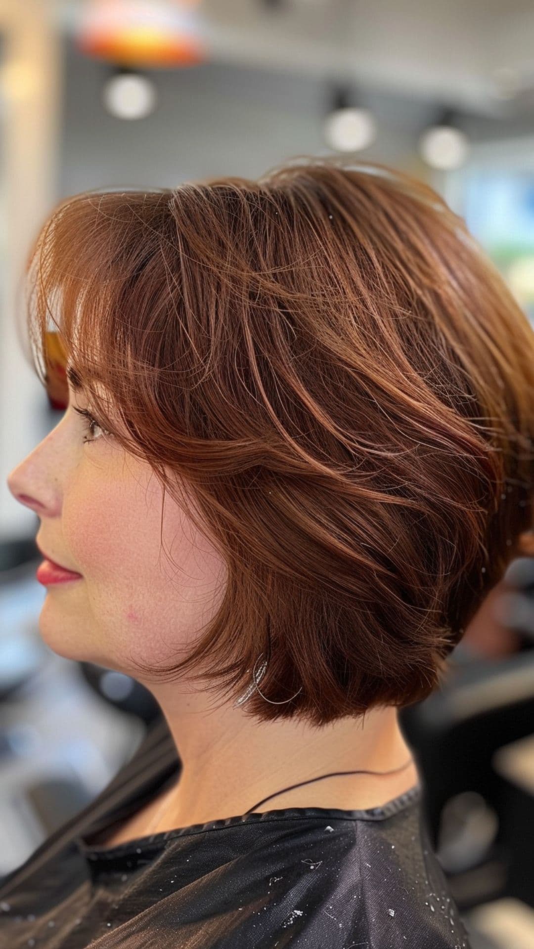 A woman modelling a dark auburn hair on layered bob.