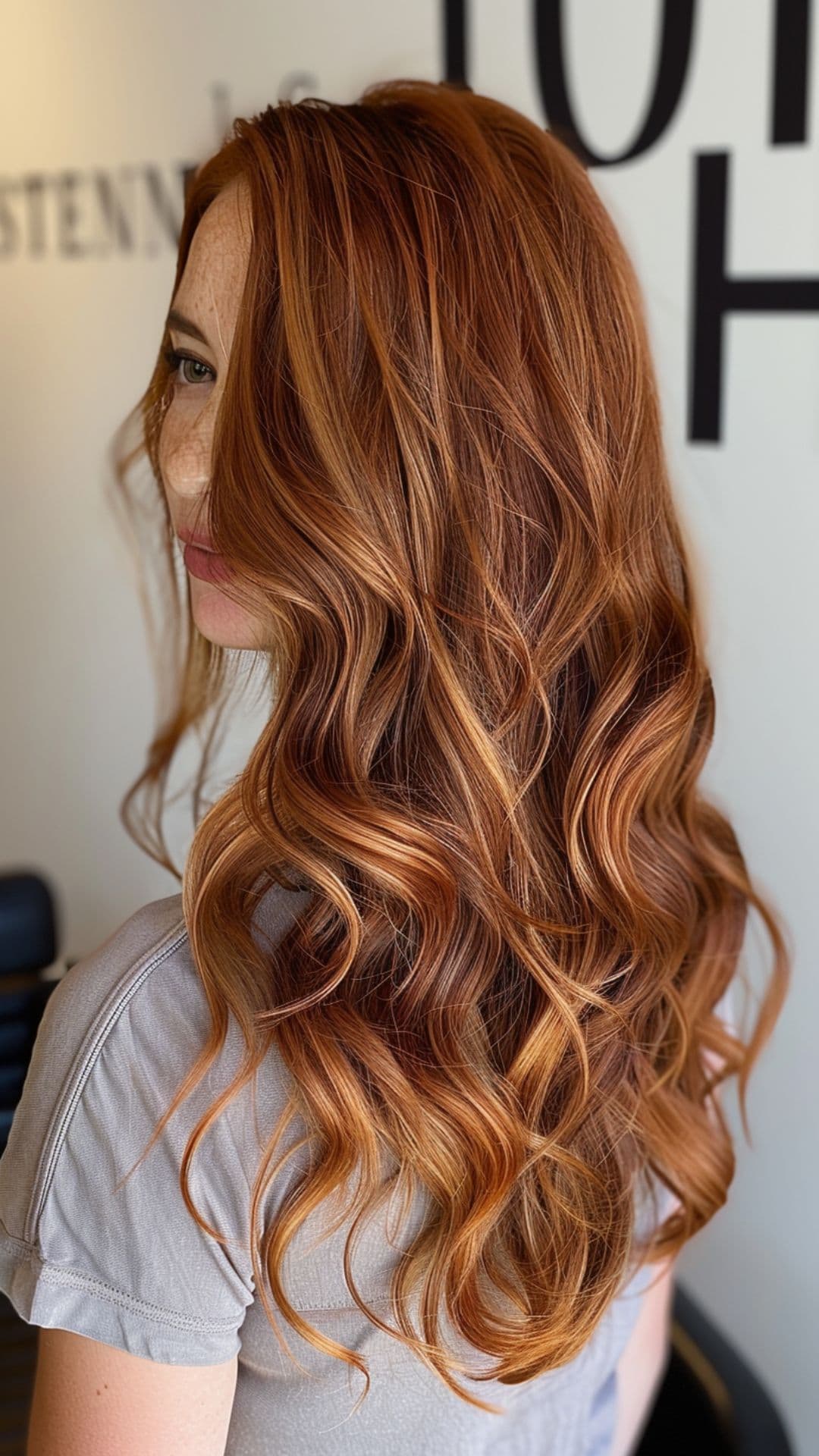 A woman modelling a dark auburn hair to copper ombre.