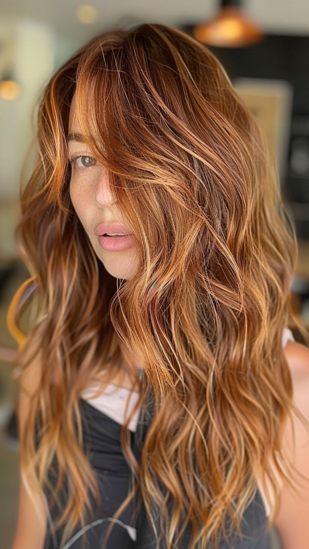 A woman modelling a dark auburn hair with golden highlights.