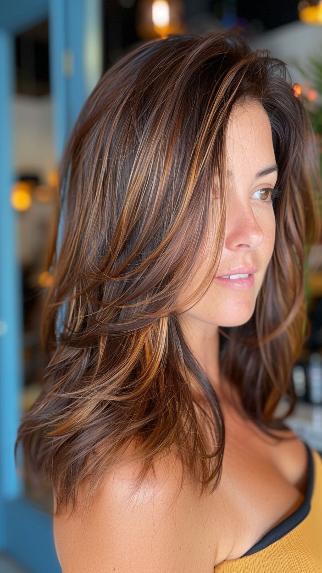 A woman modelling a dark auburn hair with subtle highlights.