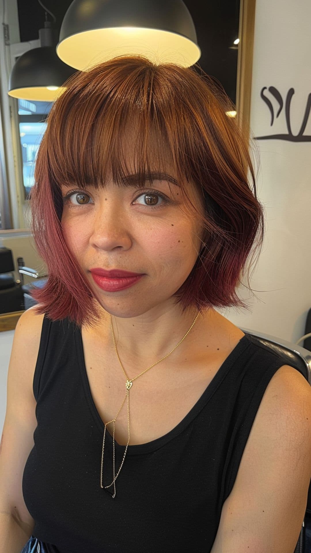 A woman modelling a dark burgundy brown short hair with pale red ombre hair.