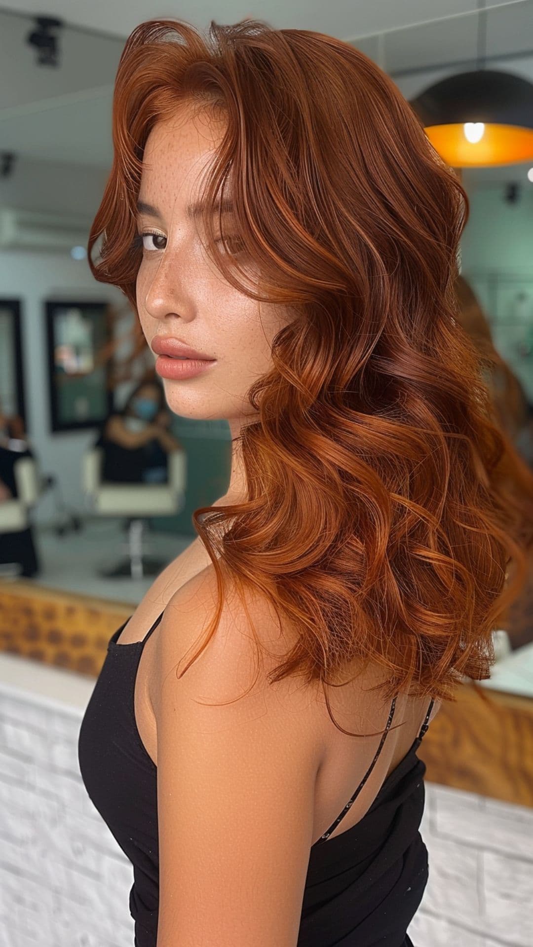 A woman modelling a dark copper hair.