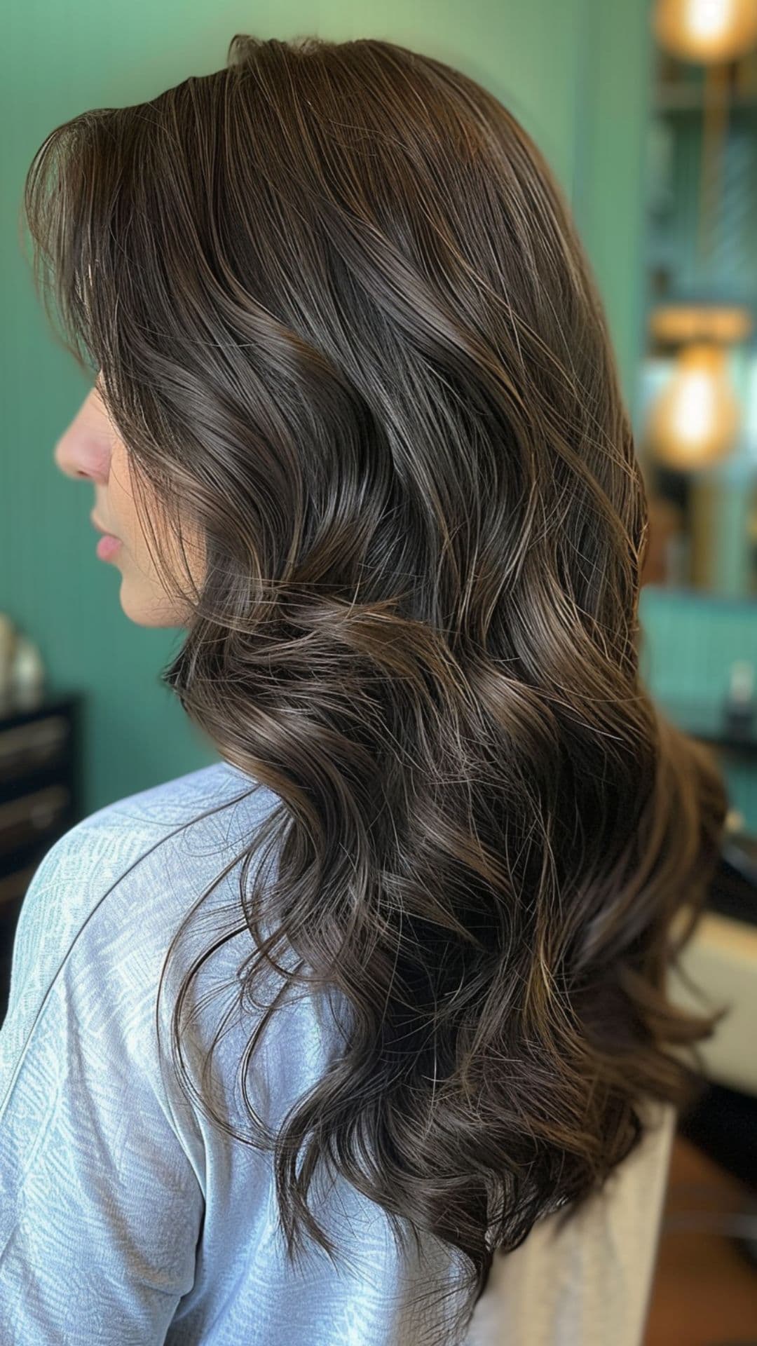 A woman modelling a dark mocha brown hair.