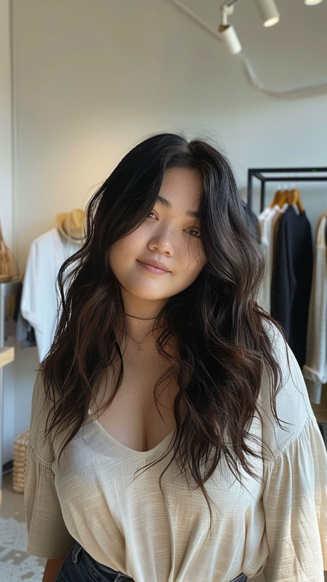 A round-faced woman modelling a dark plum long beach waves.